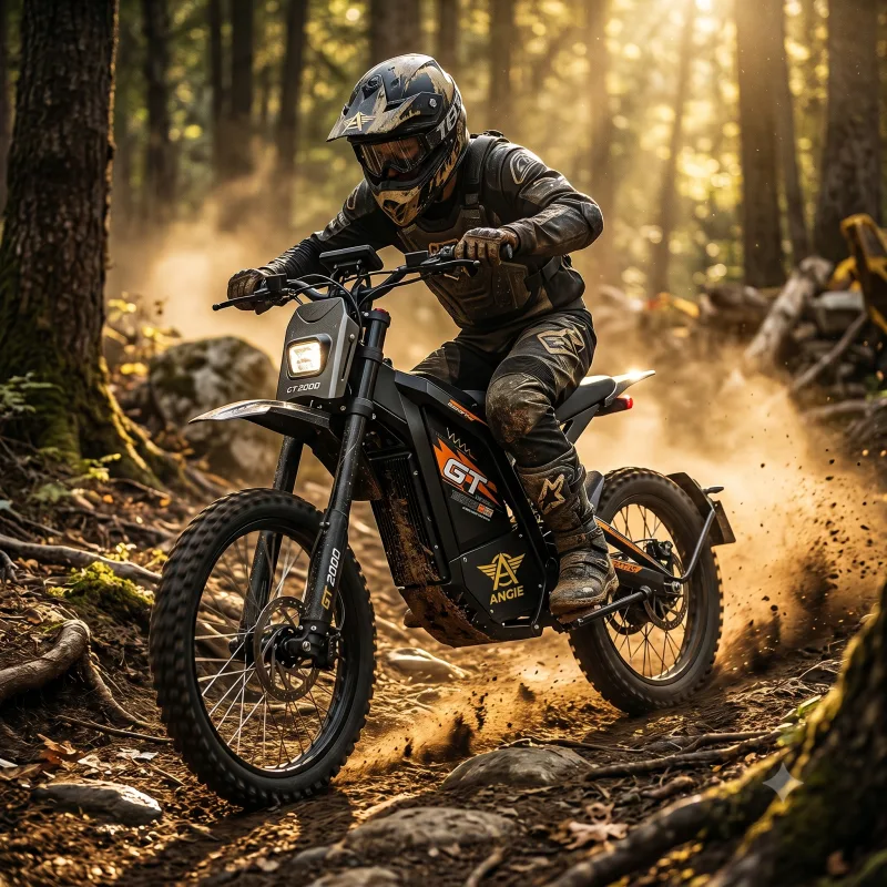 Piloto acelerando a dirt bike elétrica Alex Motors GT 2000 em trilha na floresta ao amanhecer
