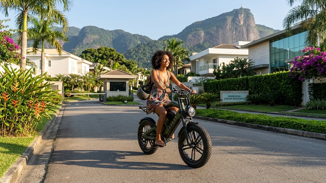 Mulher pilotando bike elétrica fat-tire em rua arborizada do Rio de Janeiro