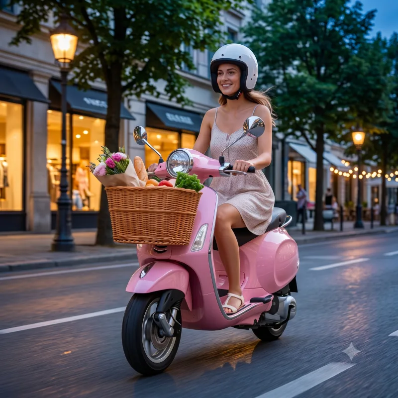 Mulher sorrindo pilotando scooter elétrica rosa com cesta de flores em rua urbana ao entardecer
